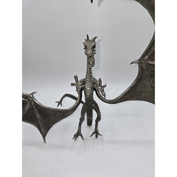 Signed Pewter Dragon Sculpture L.W. 1997 Red Glass Eyes Fantasy Art 13x11" - Picture 9 of 15